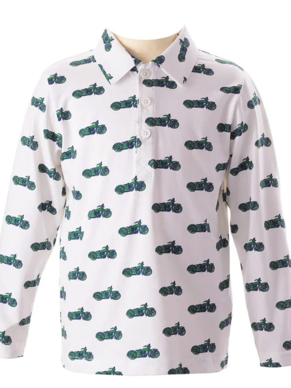 Rachel Riley White Polo Shirt with Green & Navy Motorcycle Print
